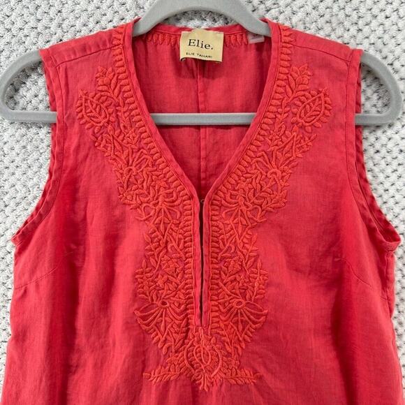 Eli Tahari Top Womens S Orange Linen Tank V-Neck Embroidered Boho Beach Resort - Picture 3 of 12